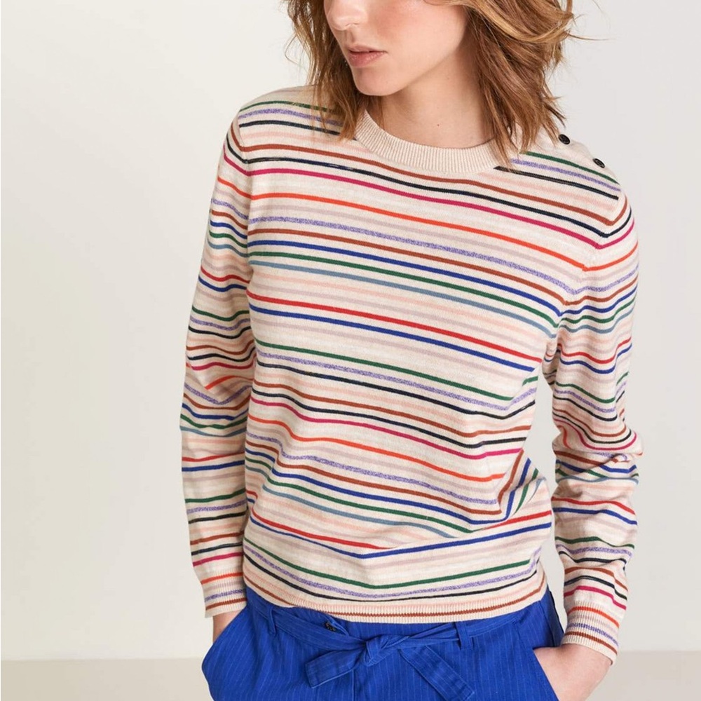 Bellerose Cream Striped Crewneck Sweater with Multicolor Stripes